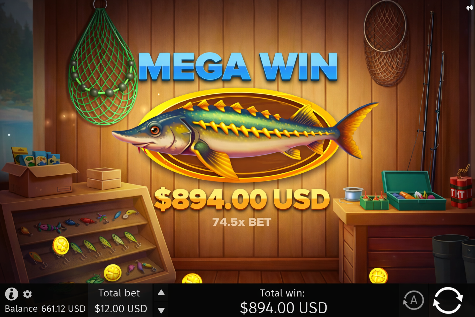 Fishing Club 2 bonus buy interface showing Fishing Net and TNT selections